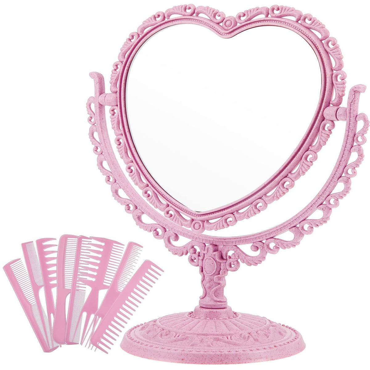 Heart Shaped Vanity Mirror & Hair Combs Set - Rotatable Double-Sided Pink