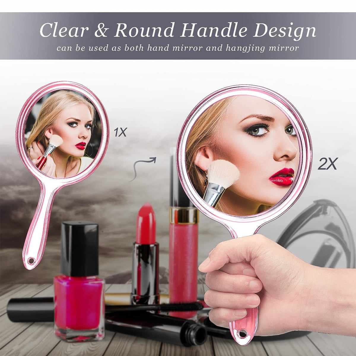Double-Sided Hand Mirror 1x/2x Magnifying with Handle - Pink