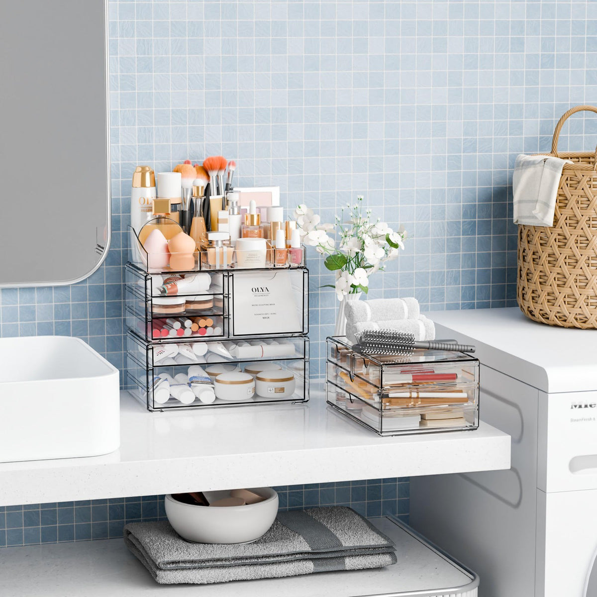Large Capacity Makeup Organizer with Stackable Drawers and Top Tray - Clear Vanity Storage for Cosmetics & Skincare