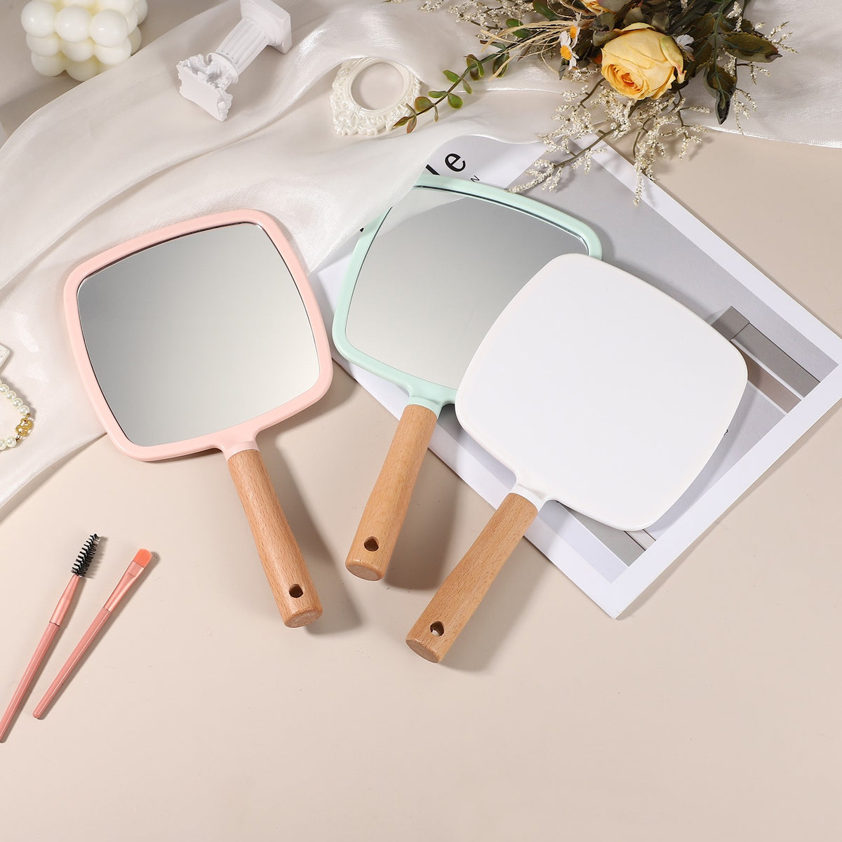 Wooden Handheld Makeup Mirror Square Portable Vanity Mirror Green