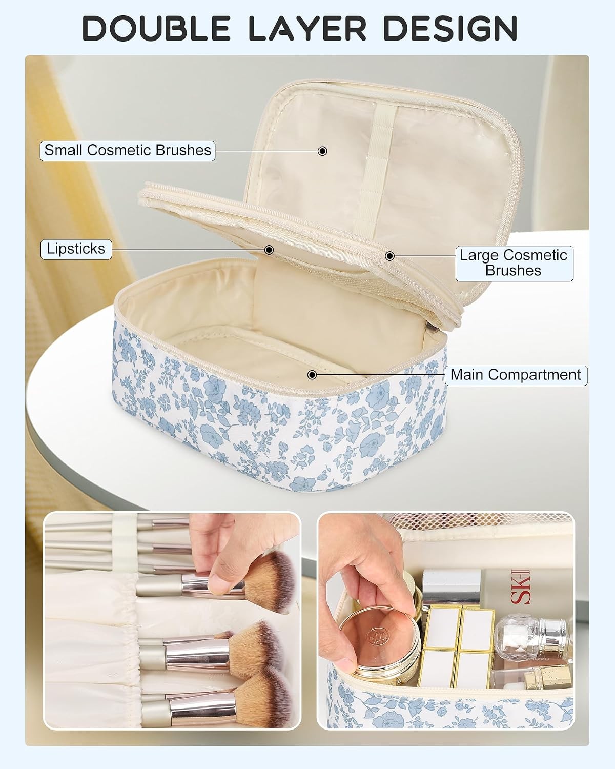 Travel Makeup Bag, Small Floral Cosmetic Organizer with Brush Compartments