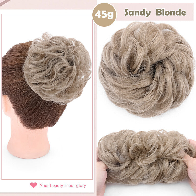 Natural Human Hair Messy Bun Ponytail Extensions with Curly Scrunchie Updo