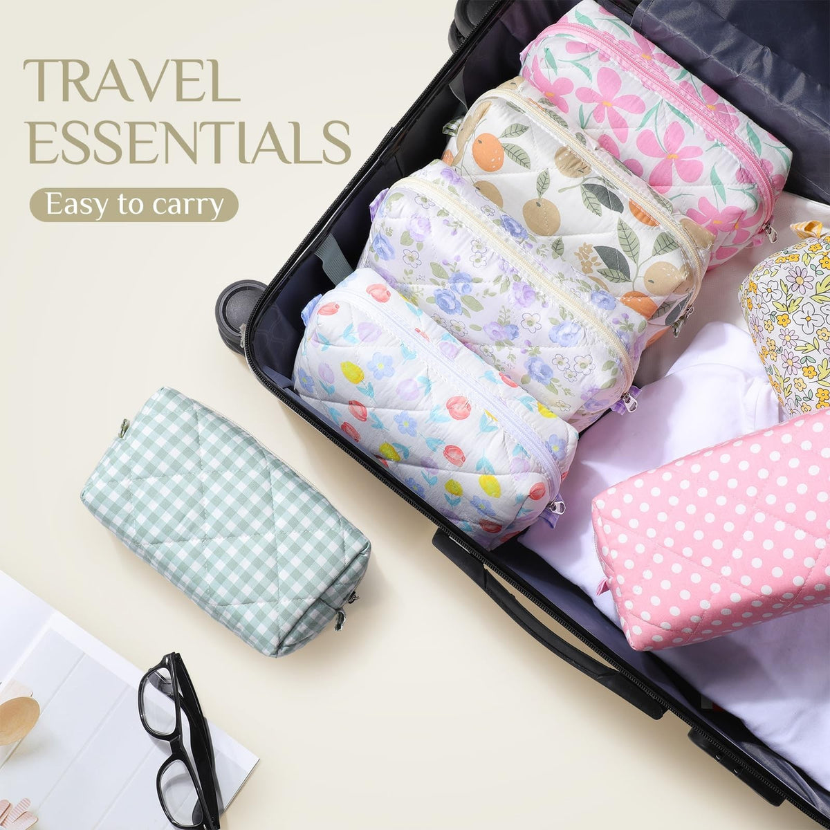 10 Pack Floral Quilted Makeup Bags Cotton Cosmetic Organizer Travel Pouch