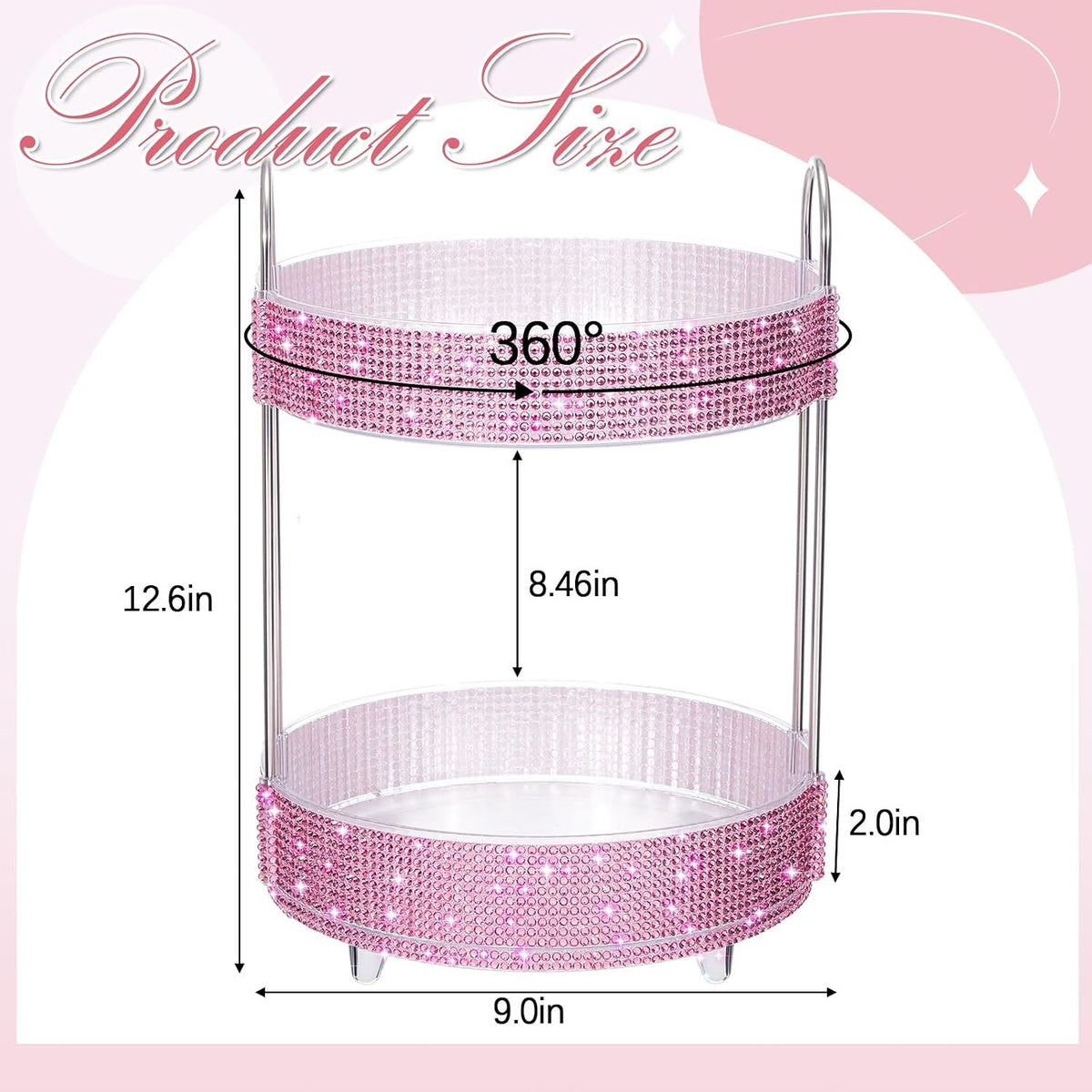360 Rotating Rhinestone Perfume Organizer 2 Tiers Pink Diamond Display