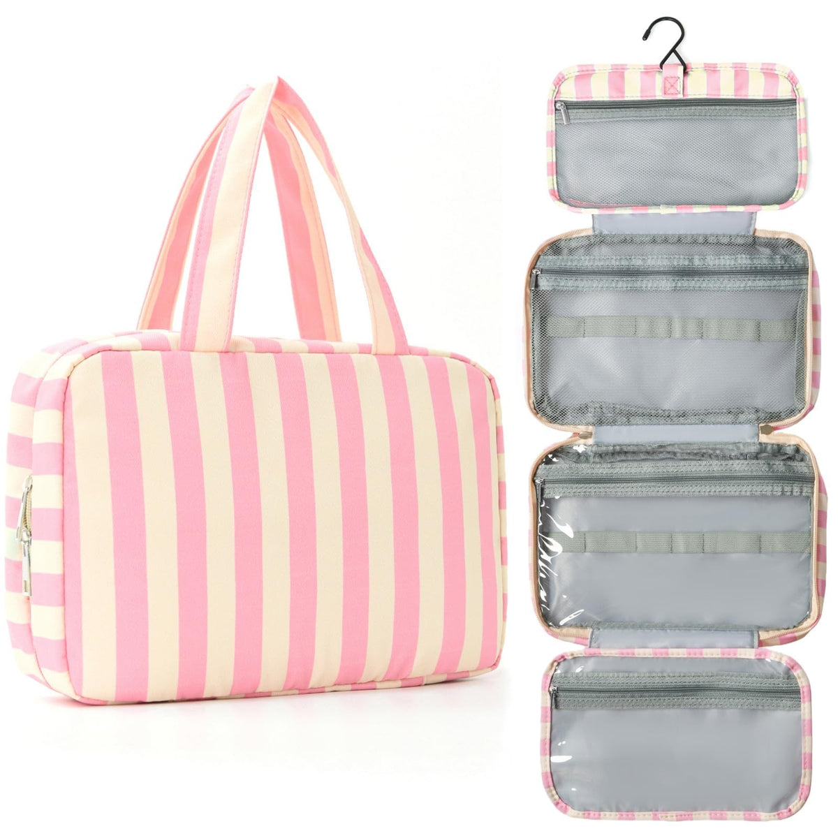 Waterproof Stripe Toiletry Bag for Women – Travel Cosmetic Organizer