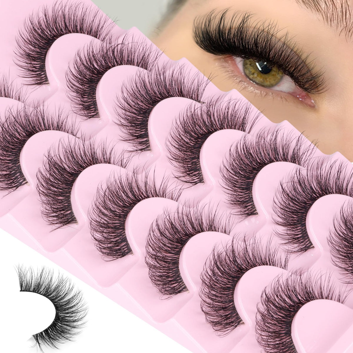 Wispy Faux Mink False Eyelashes with Clear Band - 7 Pairs, Black