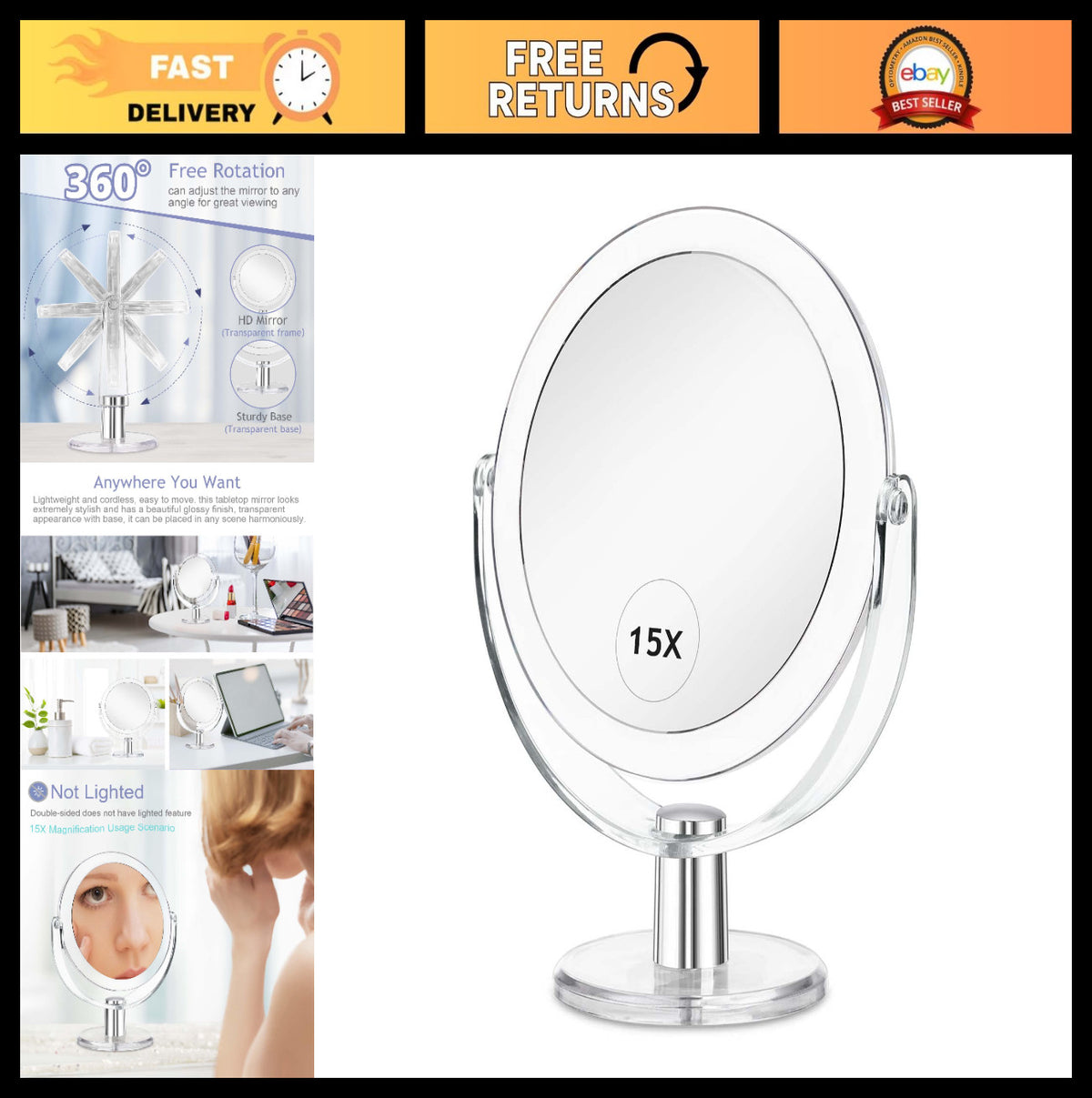 Double-Sided 360° Swivel Makeup Mirror with 1X/15X Magnification - Portable Tabletop Design