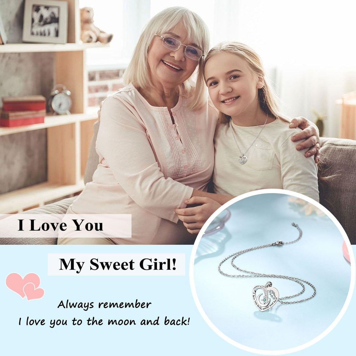 Personalized Granddaughter Necklace - Silver Plated Moon & Star Pendant, Gift for Daughter or Niece