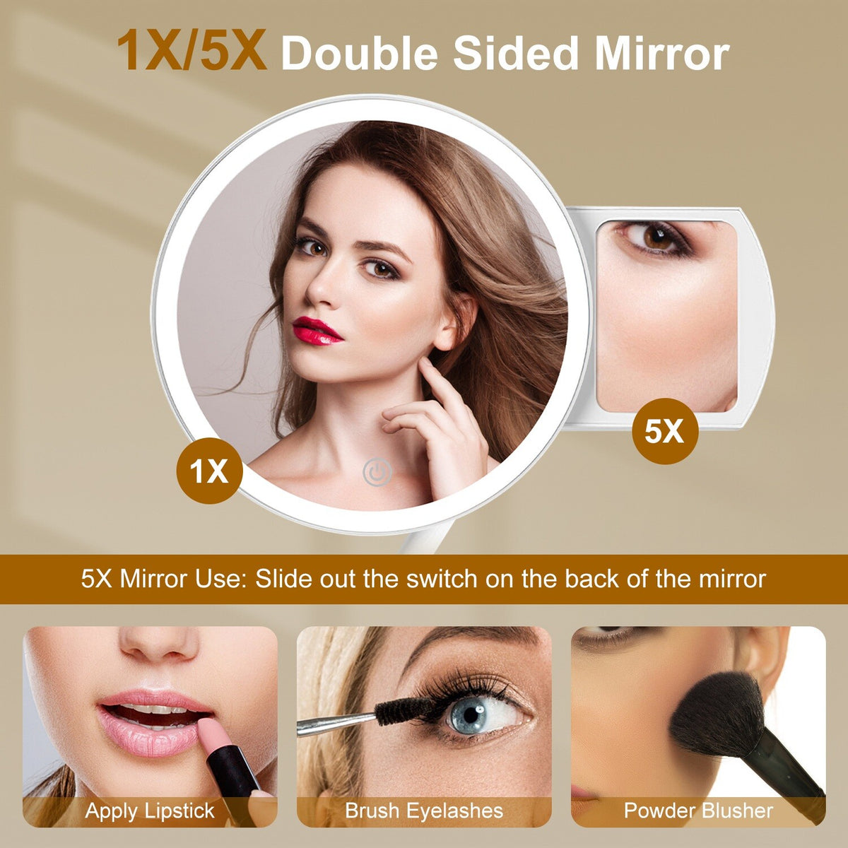 Dimmable 5X Lighted Makeup Mirror with 3 Light Colors & 360° Rotation