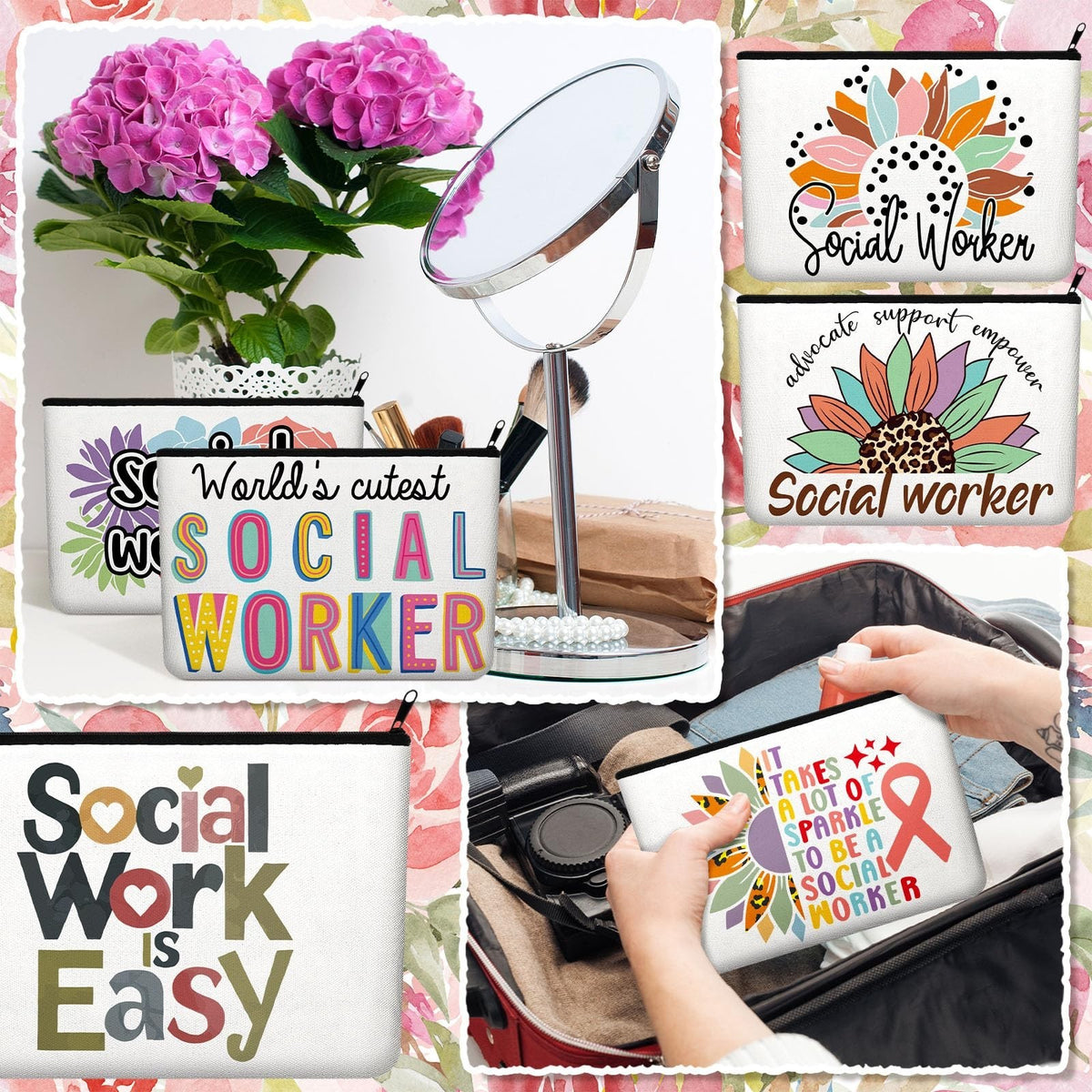 Social Worker Appreciation Gift Set - 10 Makeup & Travel Pouch Bags for Women