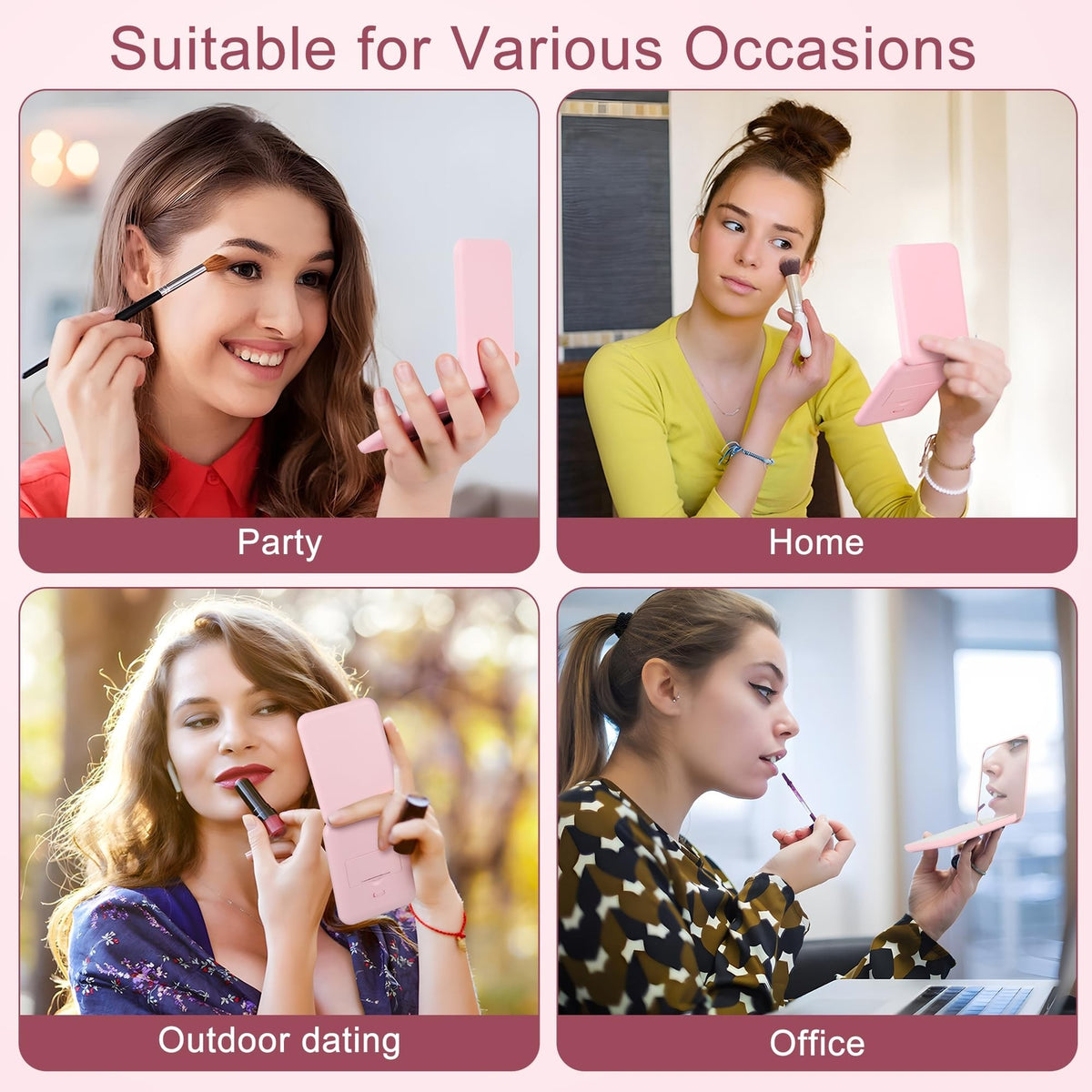 LED Compact Travel Makeup Mirror - 2-Sided 1X/3X Magnification, Pink Portable Folding Mirror