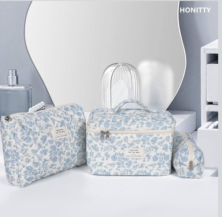 3-Piece Quilted Floral Cosmetic and Travel Bag Set - The Jolly House