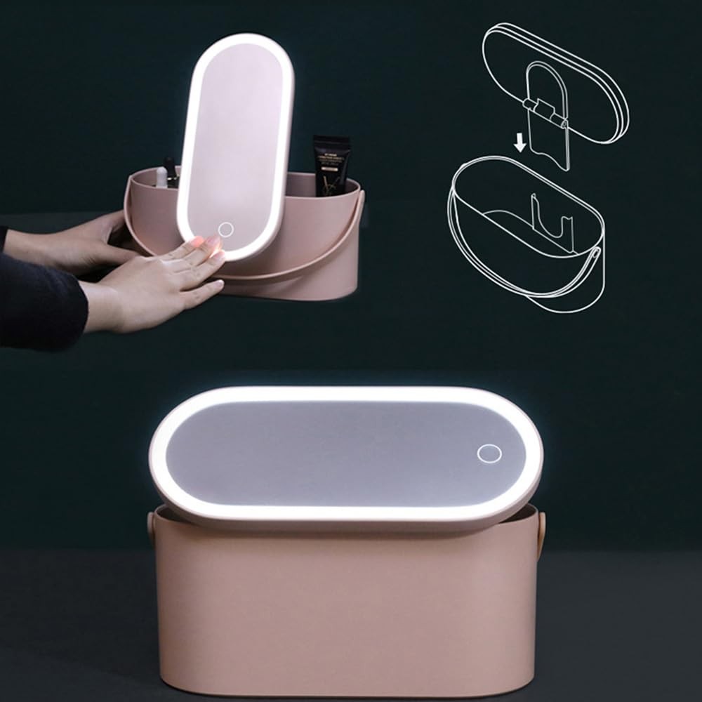 Portable LED Makeup Case with Mirror, Travel Cosmetic Organizer Pink