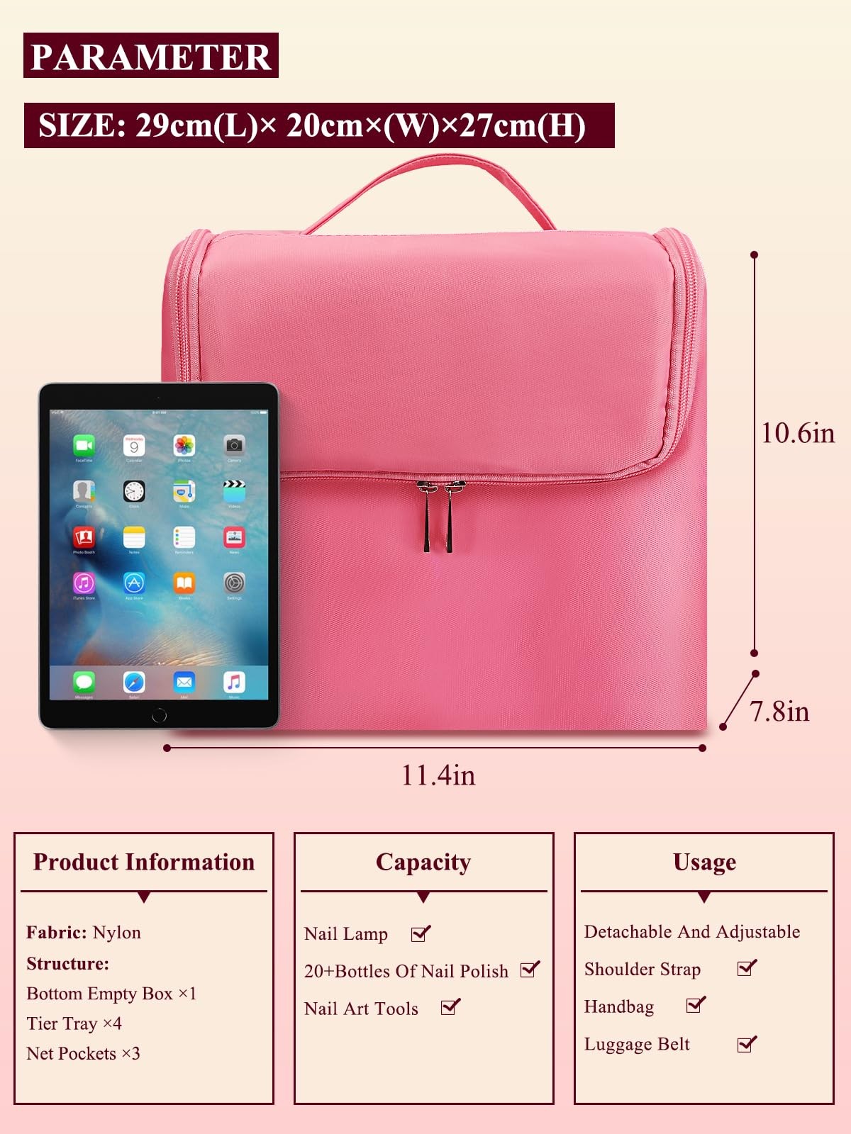 Large Pink Makeup & Nail Polish Organizer Bag 4-Tier Waterproof Travel