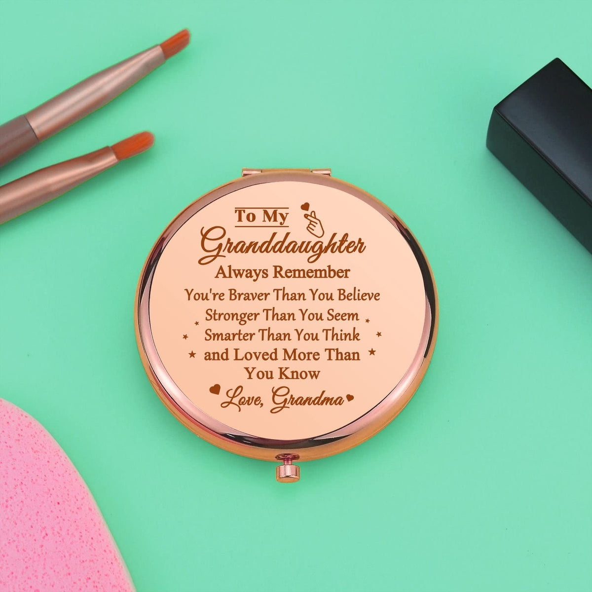 Personalized Rose Gold Compact Makeup Mirror for Granddaughter - Inspirational Gift from Grandma