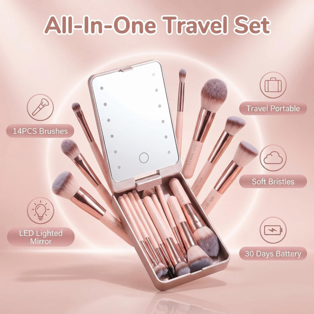 Mini Makeup Brush Set with LED Light Mirror - Portable Beauty Kit