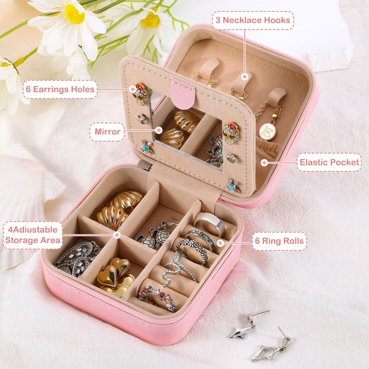 Travel Jewelry Case for Women Girls Mini Pink Organizer with Compartments