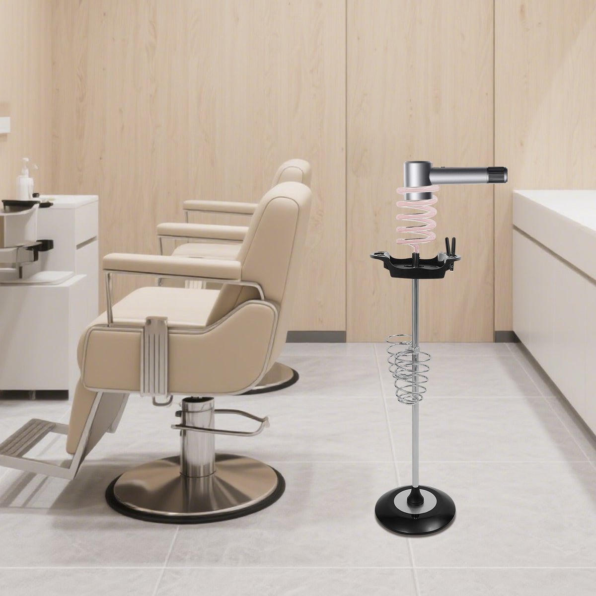 Hair Dryer Stand with Tray and Spiral Holder - Durable Acrylic and Metal Organizer