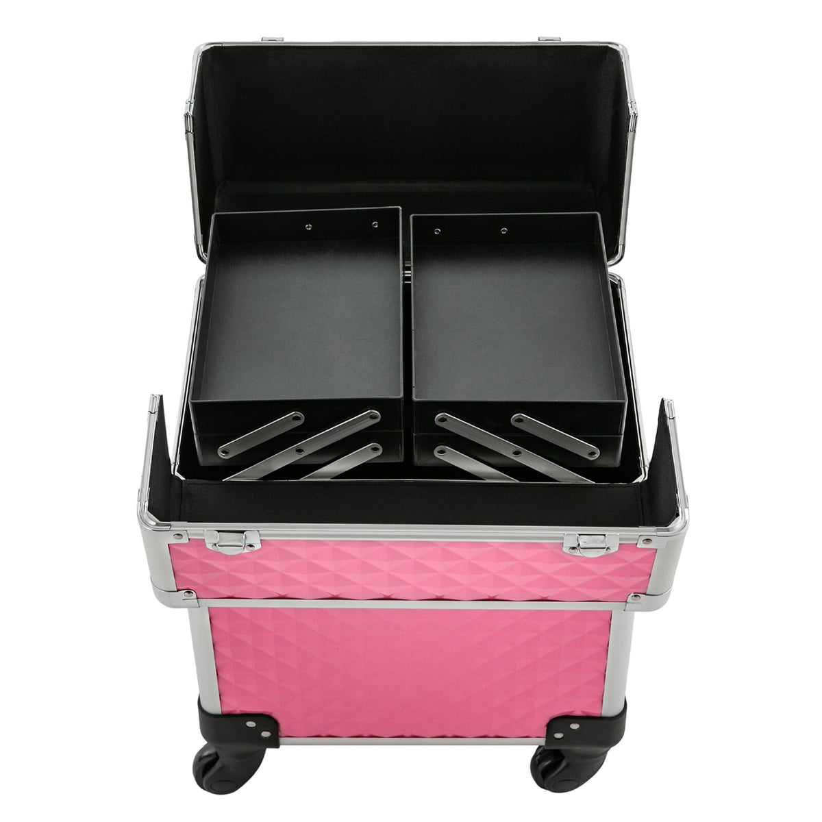 Rolling Aluminum Makeup Train Case with Lock & Wheels - Travel Cosmetic Organizer