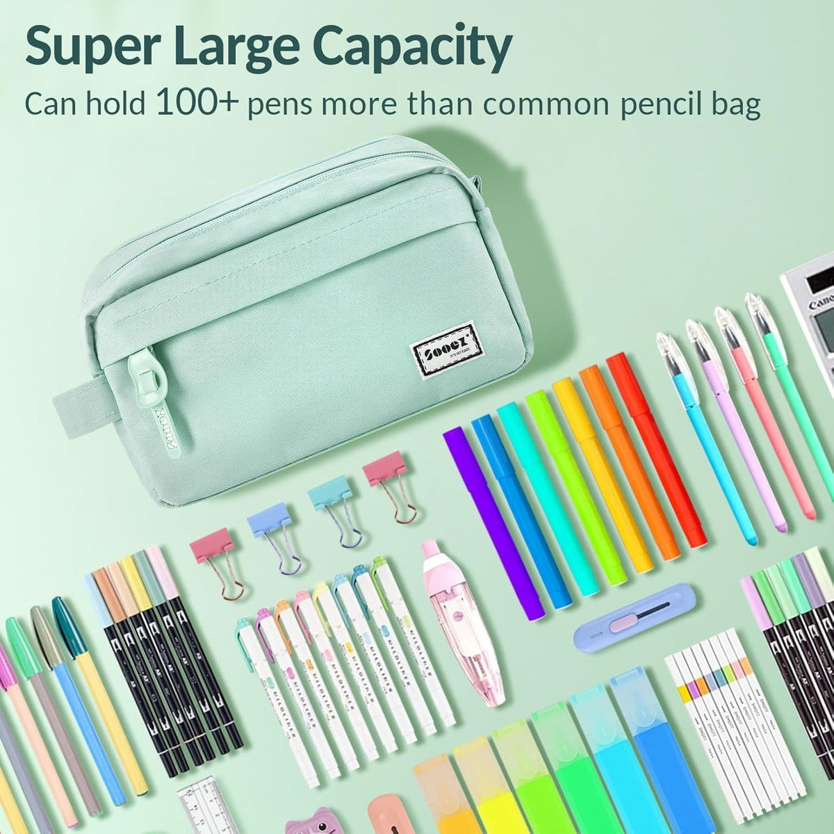 Large Mint Green Pencil Case with Handle, Multiple Compartments & Zipper