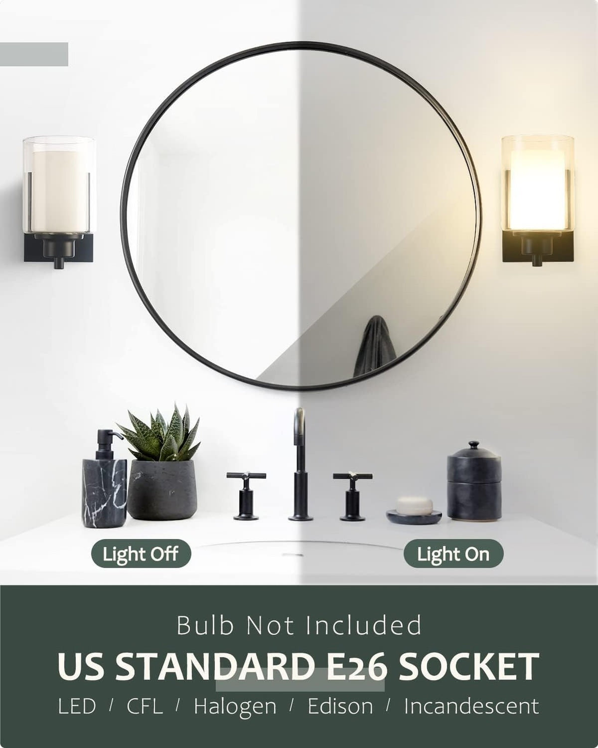 3-Pack Indoor Black Vanity Light Fixtures - 1-Light Wall Sconce with Dual Glass Shade, E26, Dimmable