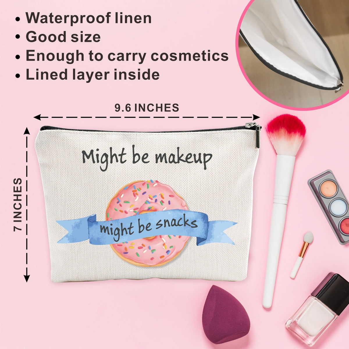 Funny Makeup Bag with Pink Donuts - Travel Cosmetic & Toiletry Organizer
