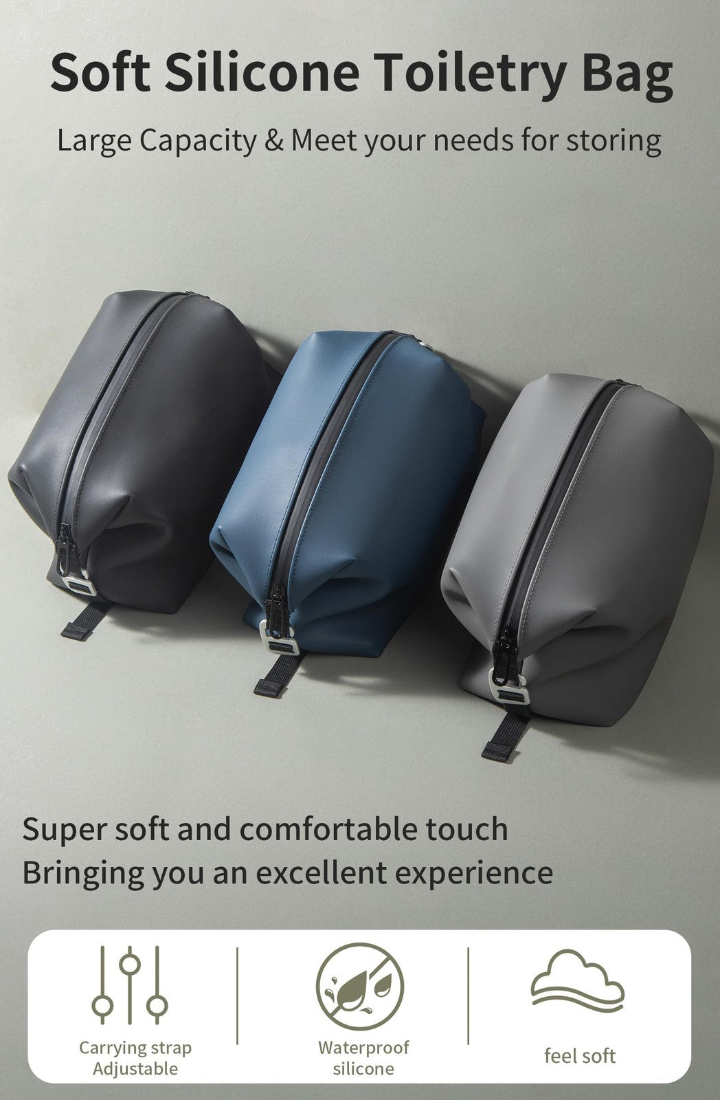 Large Waterproof Silicone Toiletry Bag 6L Travel Organizer Grey 6x11 Inches