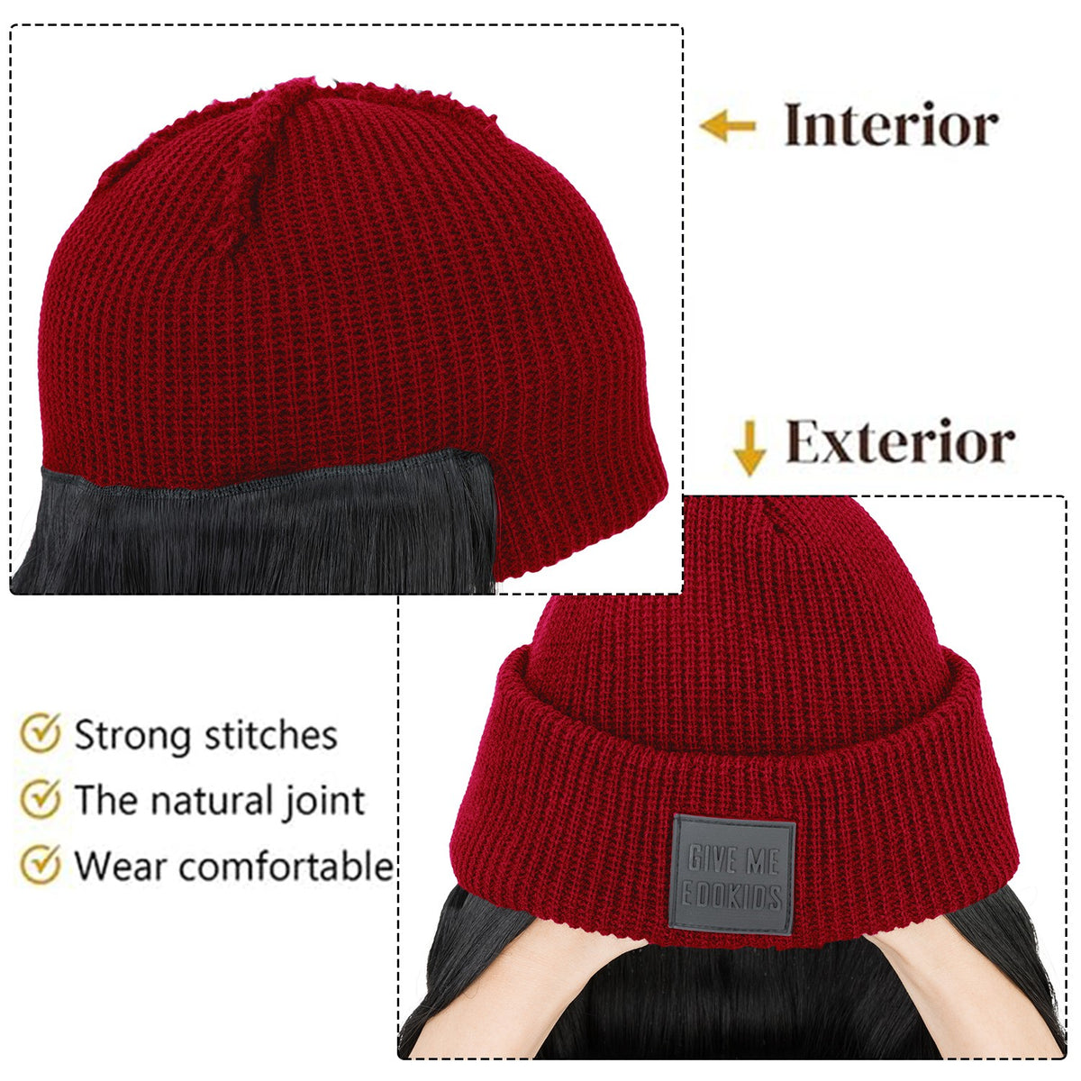 Winter Beanie Hat with Attached Hair Water Wave Style - Multiple Colors