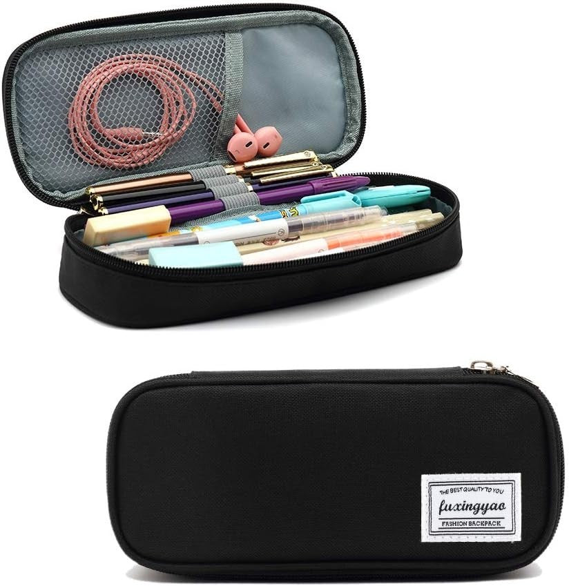 Black Pencil Case with Shoulder Strap - Portable Stationery Organizer