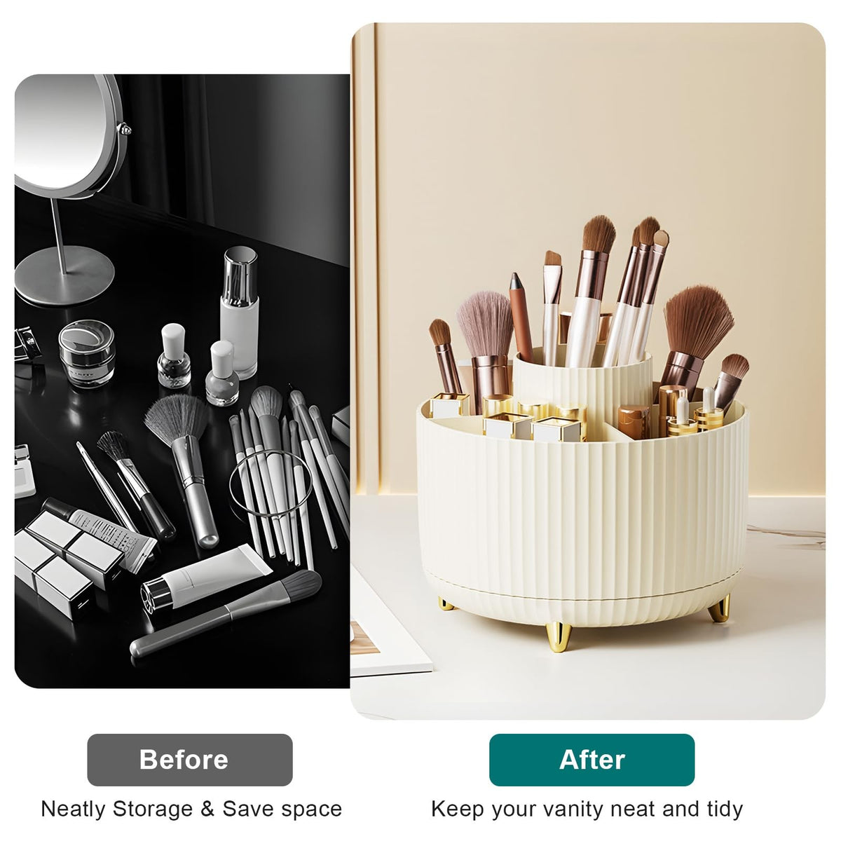 360° Rotating Makeup Brush Organizer Cup with 5 Slots - Vanity Storage