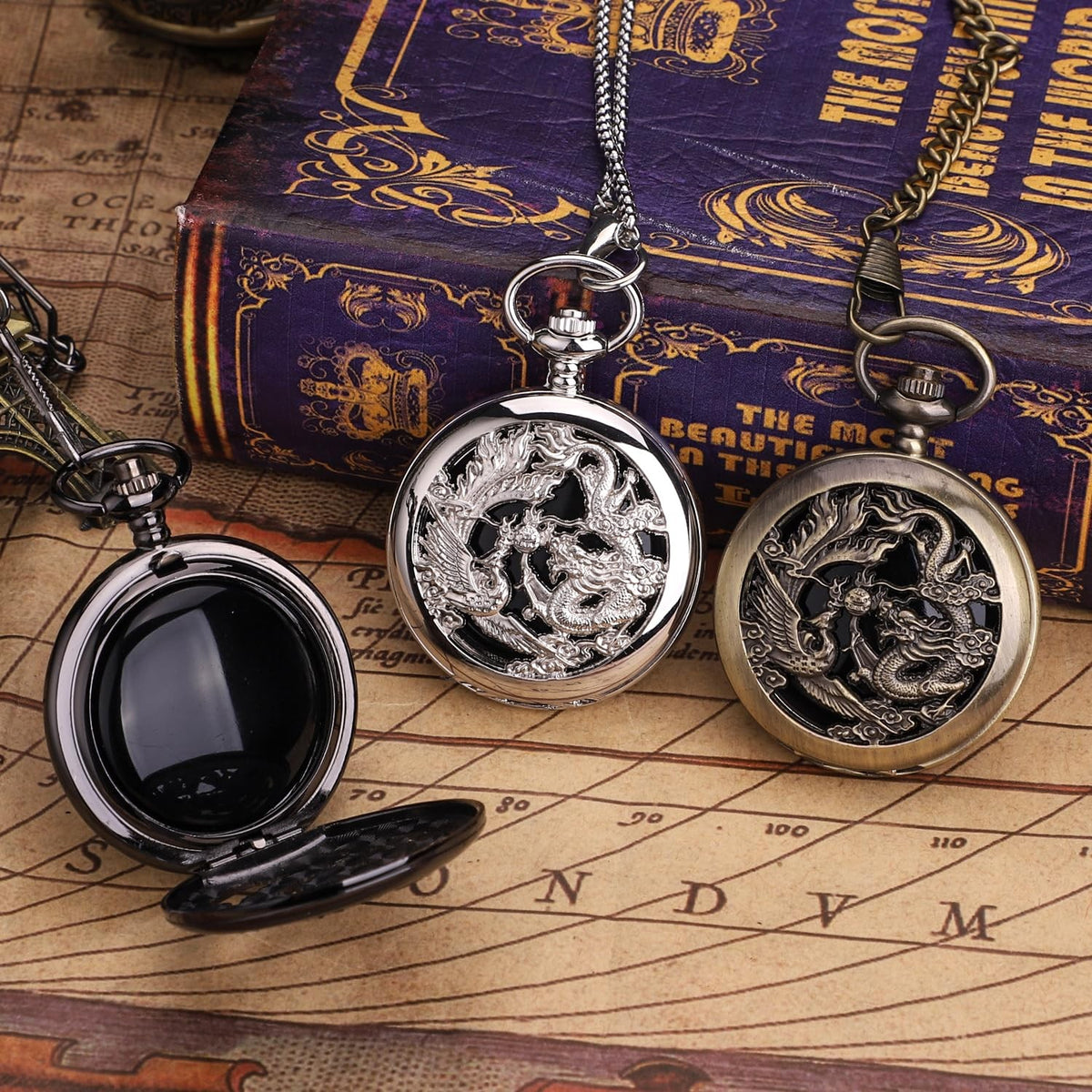 Black Scrying Mirror with Dragon & Phoenix Design - Divination Tool, 1.9 inch