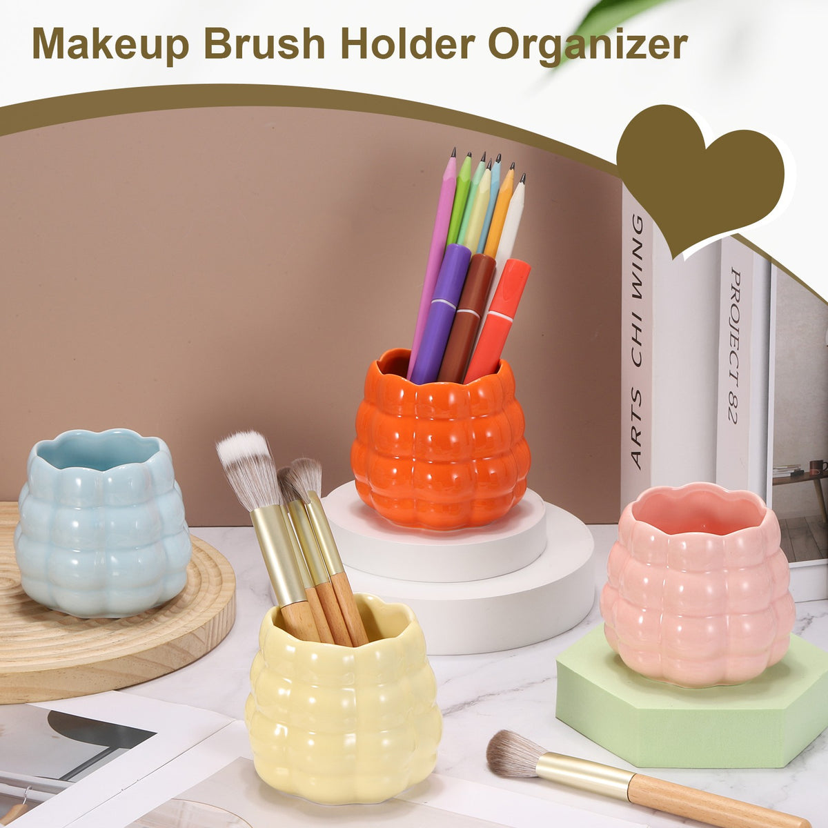 Ceramic Makeup Brush Holder - Round Desktop Pen and Cosmetic Organizer, White