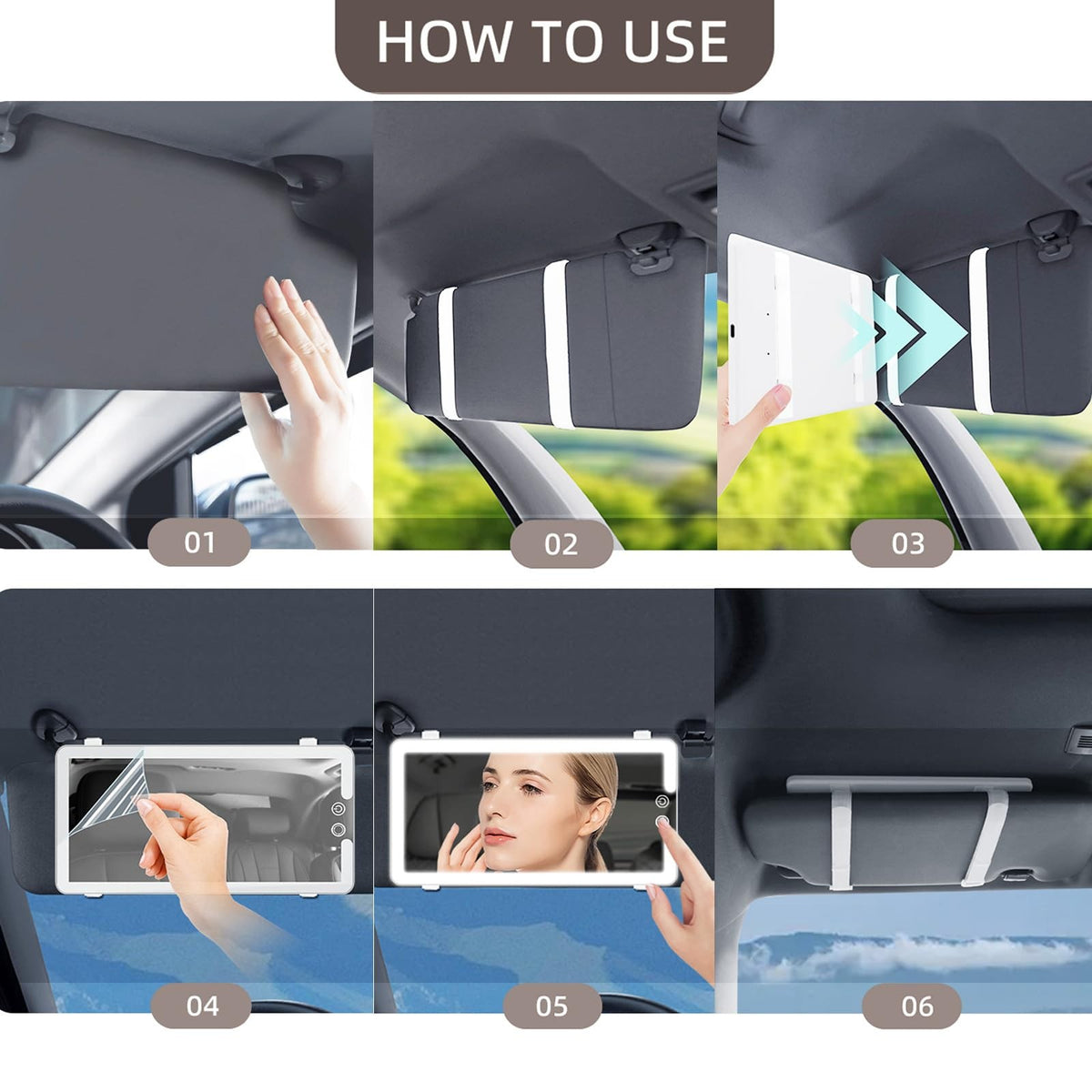 LED Car Sun Visor Vanity Mirror with Dimmable Light - Large Interior Makeup Mirror