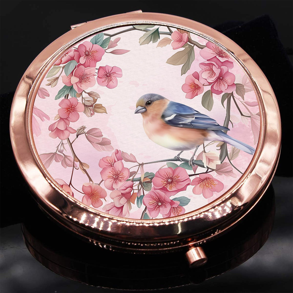 Rose Gold Compact Mirror with 2x Magnification for Women - Portable Bird Watercolour Design