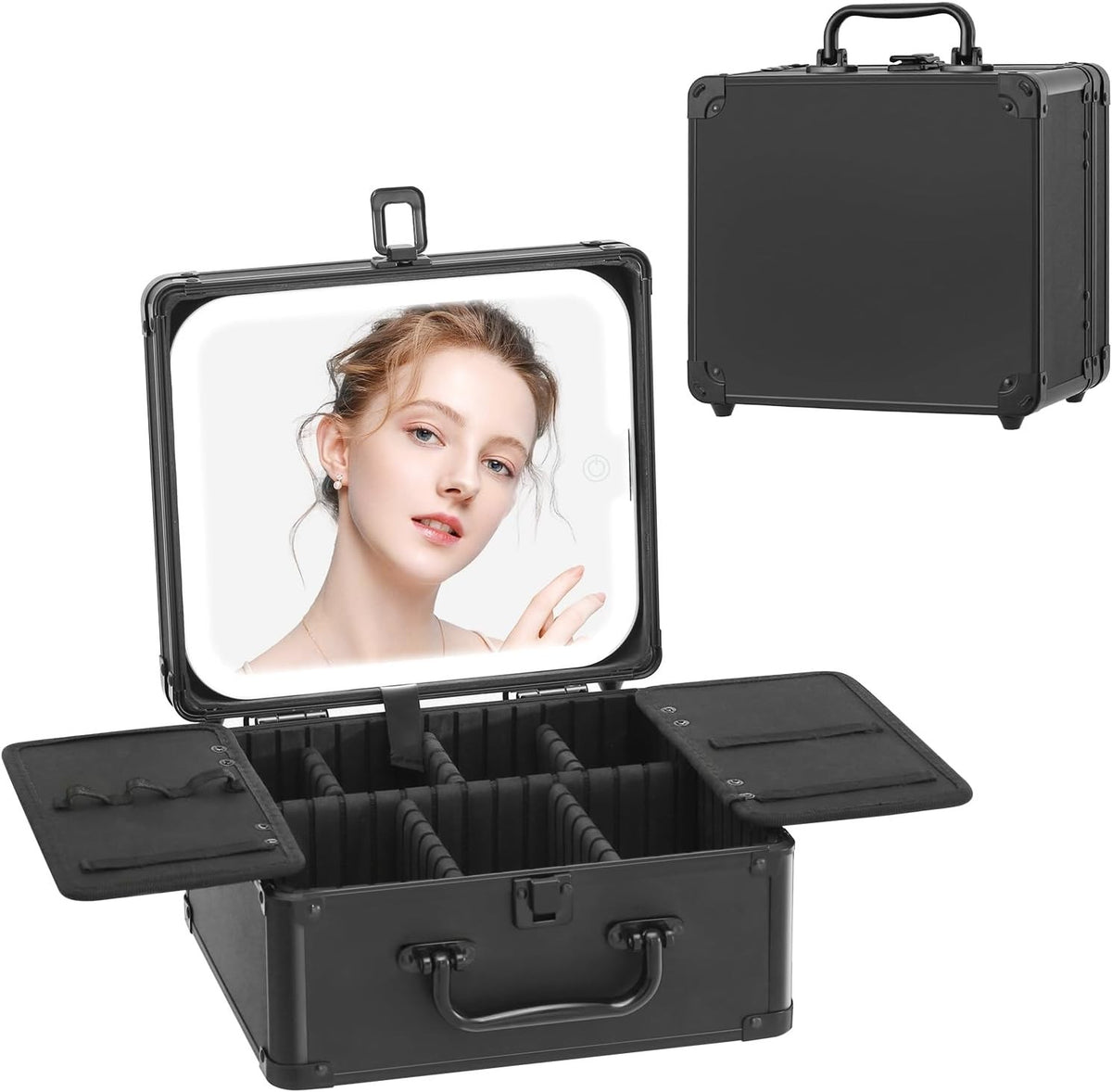 Travel Makeup Organizer Case with LED Lighted Mirror and Adjustable Storage