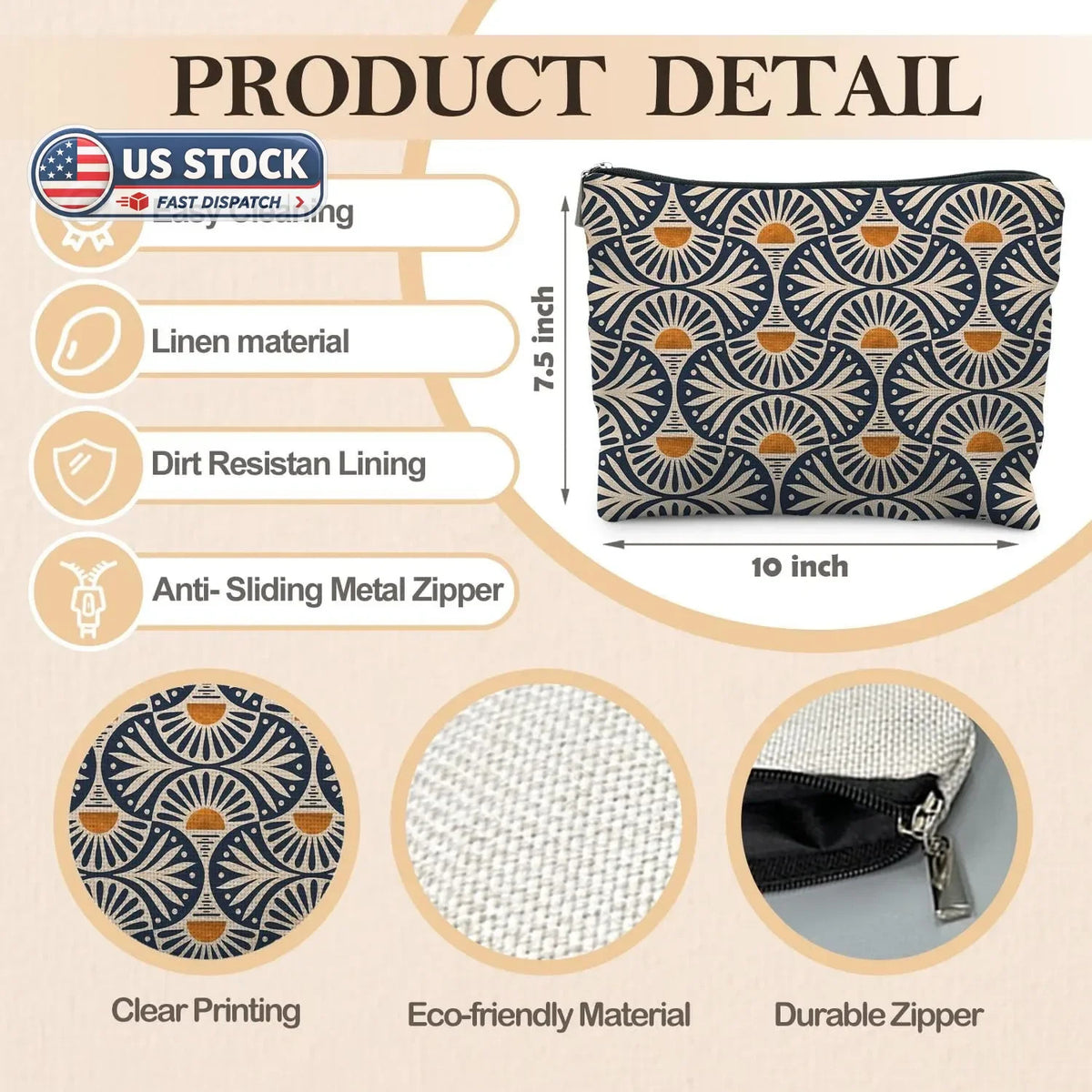 Boho Makeup Bag for Women, Sunset Leaf Design Cosmetic Pouch