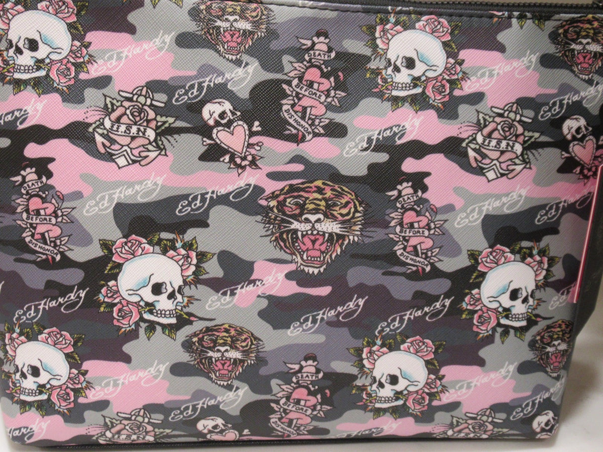Large Cosmetic Makeup Bag Case with Skull & Tiger Tattoo Design - Ed Hardy