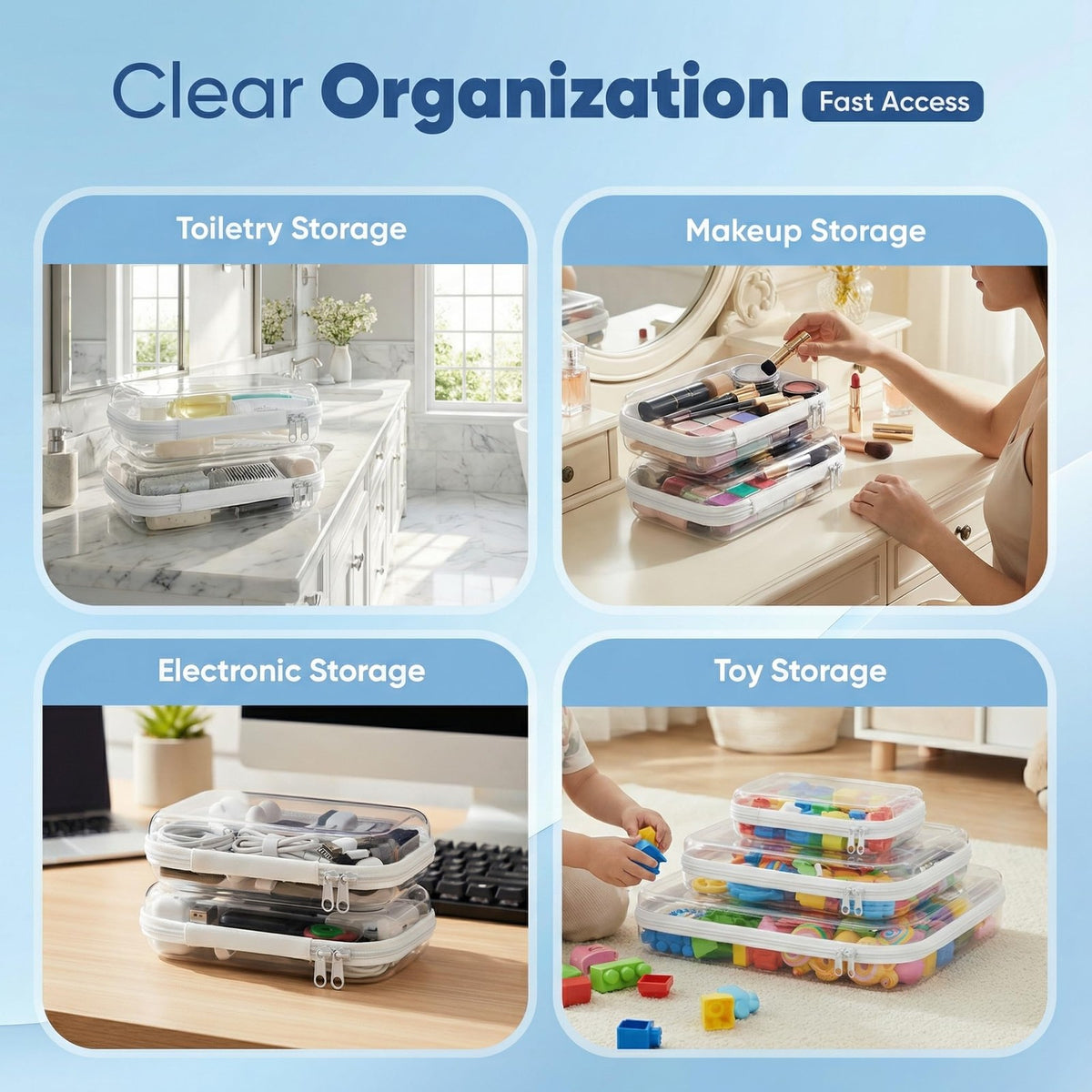 Clear Hard Shell Zipper Organizer Cases Set of 6 – Travel & Storage Pouches in 3 Sizes