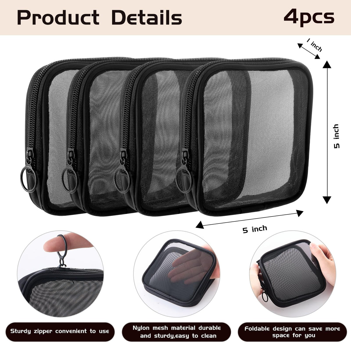4 Pack Transparent Mesh Cosmetic Bags Travel Organizer Pouches 5x5 In