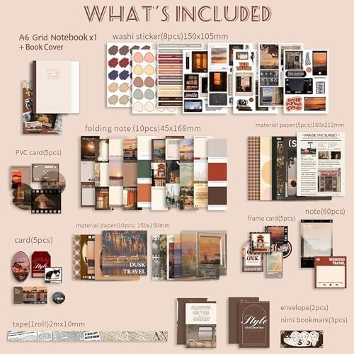 Travel Scrapbooking Supplies Kit with A6 Notebook and Vintage Paper Crafts