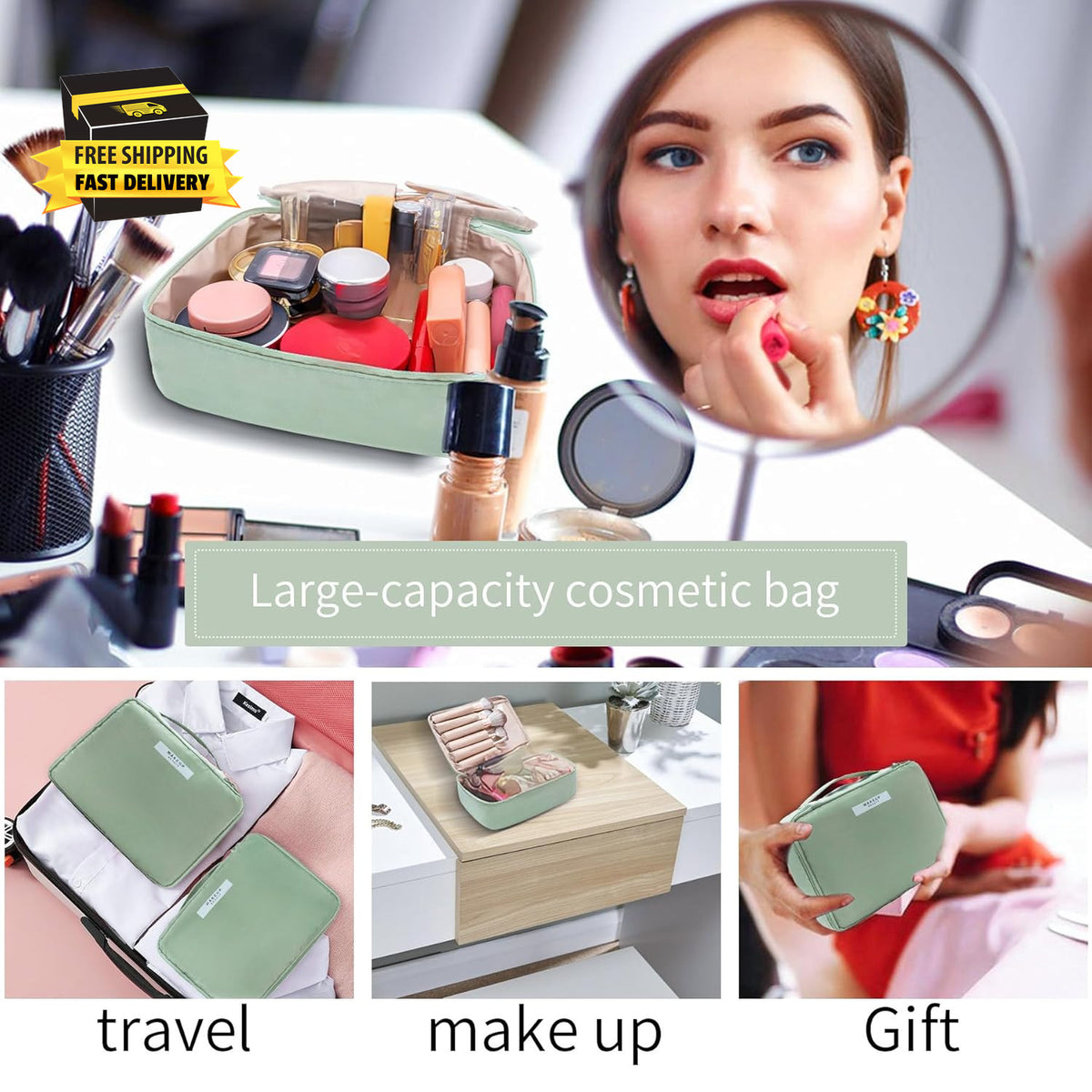 Travel Makeup Bag with Detachable Cosmetic Pouch Waterproof Organizer for Women & Men - Green