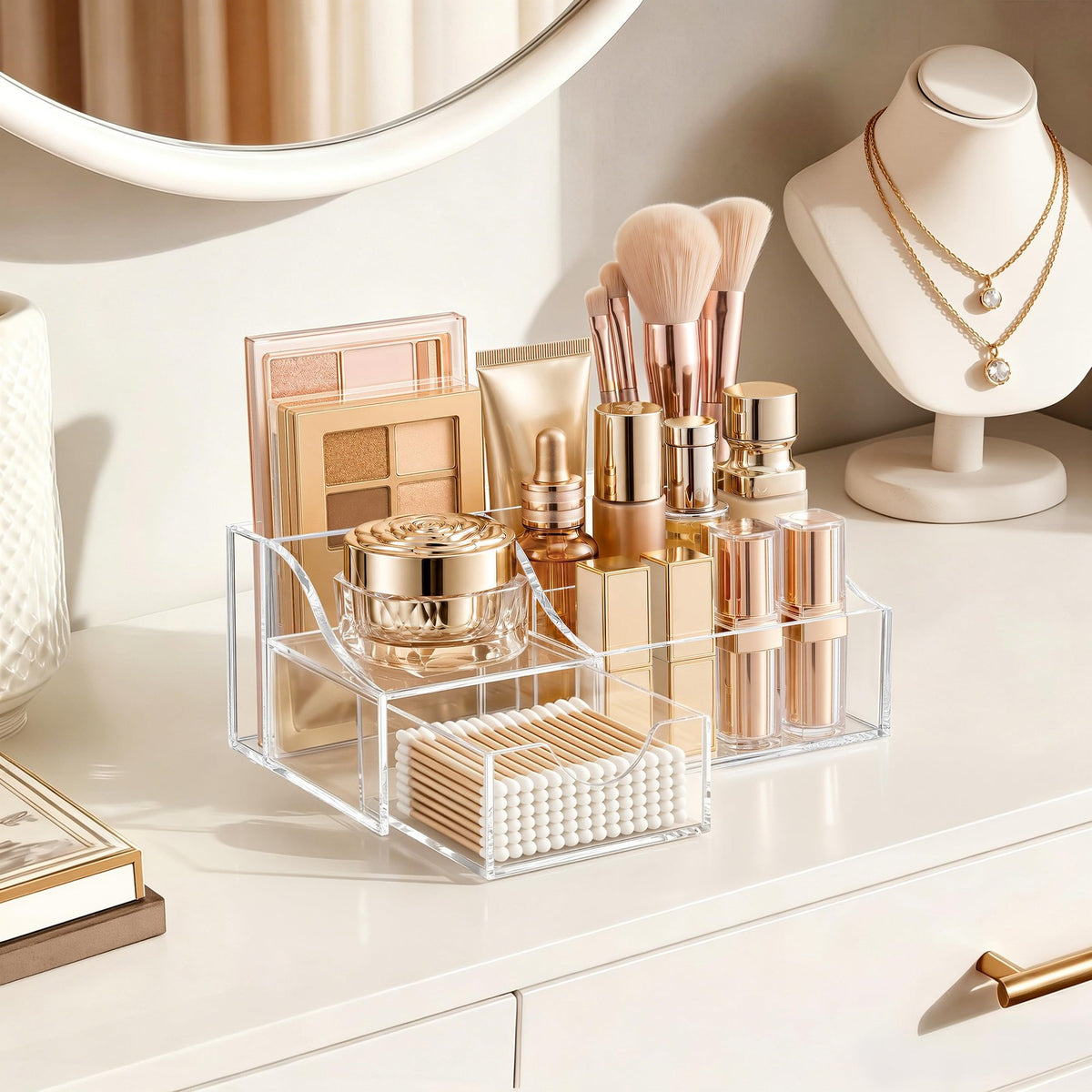 Clear Makeup Organizer with Drawer and Compartments - Vanity Storage