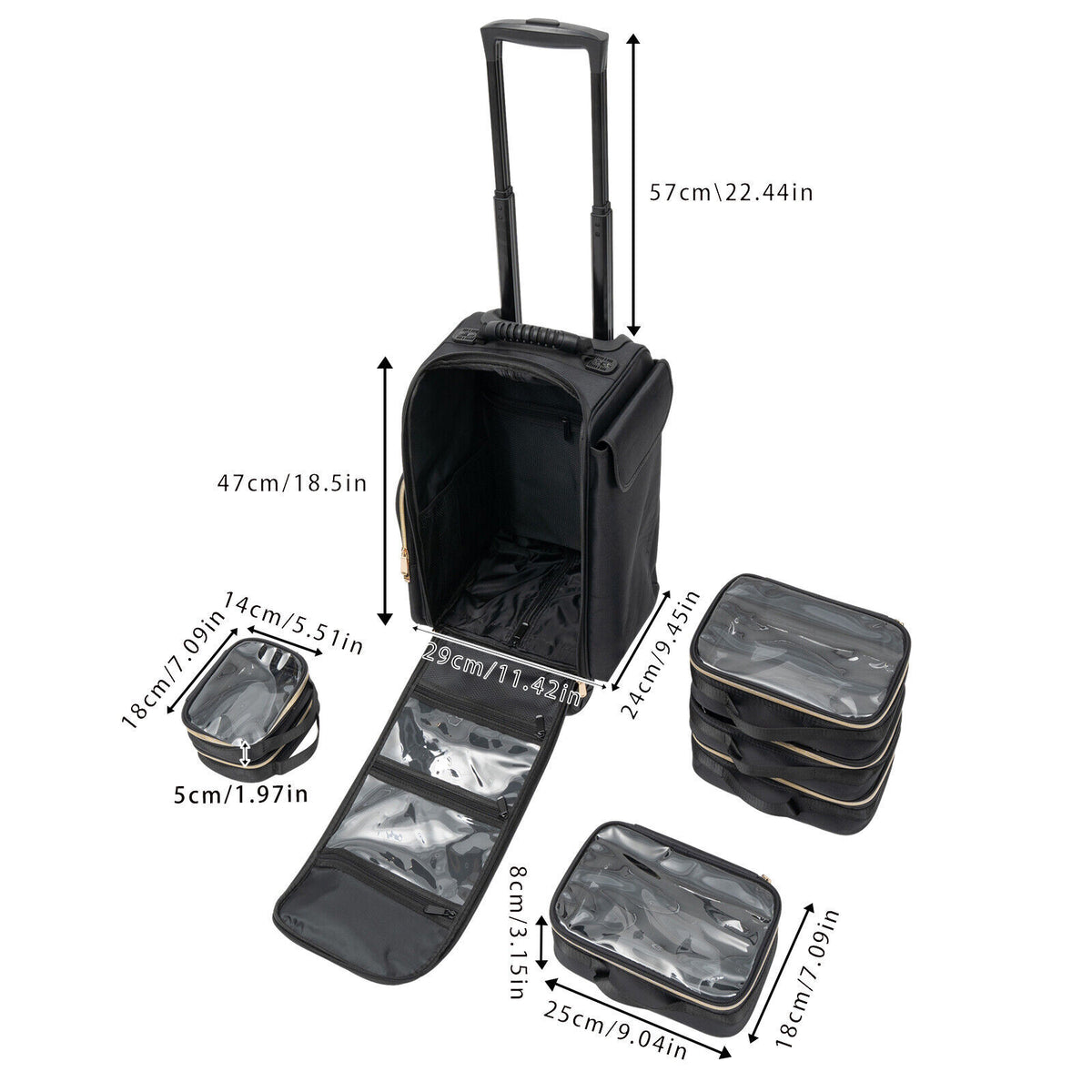 Rolling Makeup Train Case with 6 Cosmetic Bags, Professional Storage Organizer