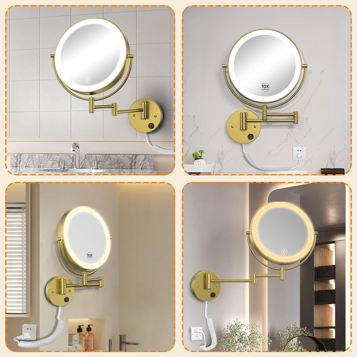 9-Inch Wall Mounted Lighted Makeup Mirror with 10X Magnification, LED Adjustable Brightness