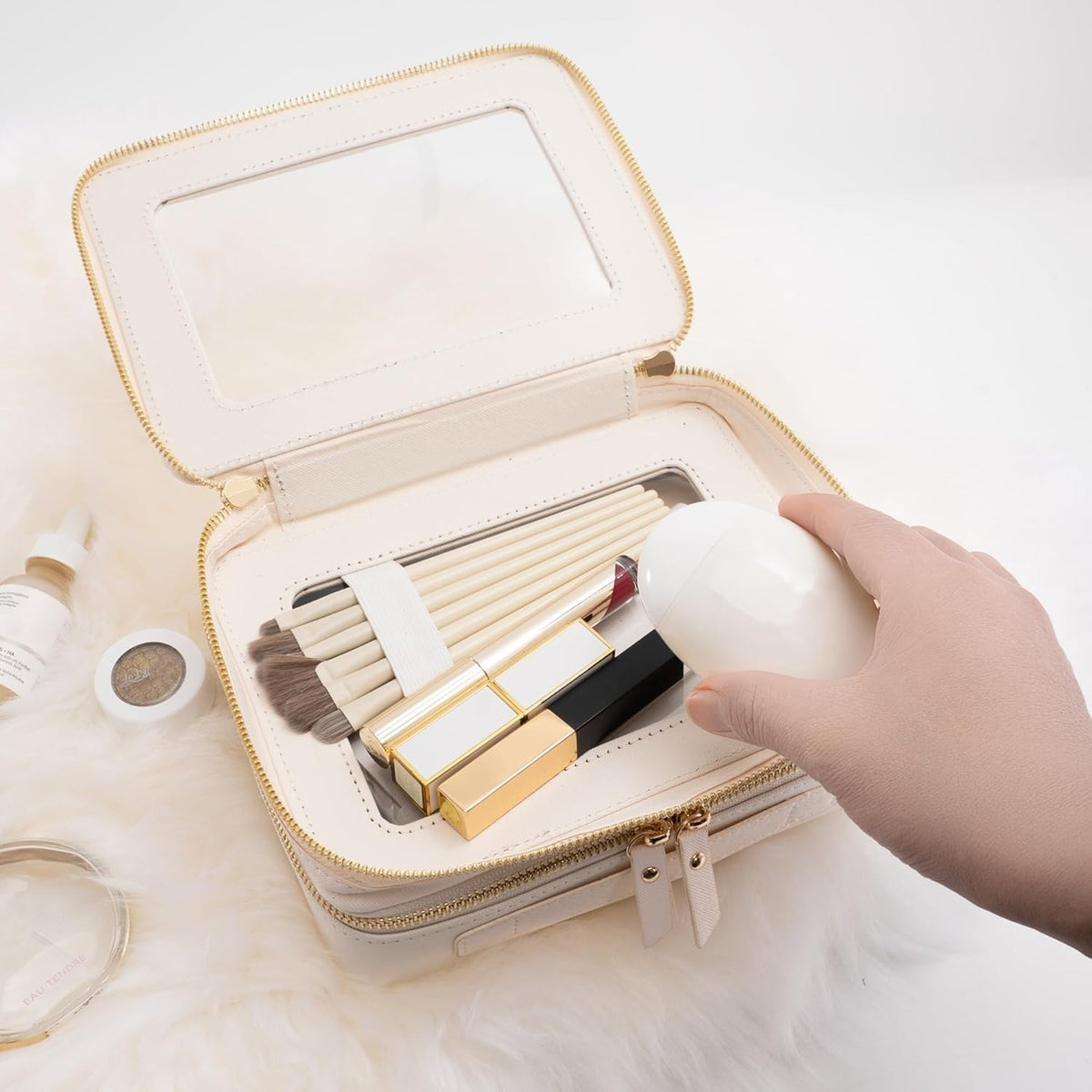 Clear Double Layer Makeup Bag with Leather Travel Case