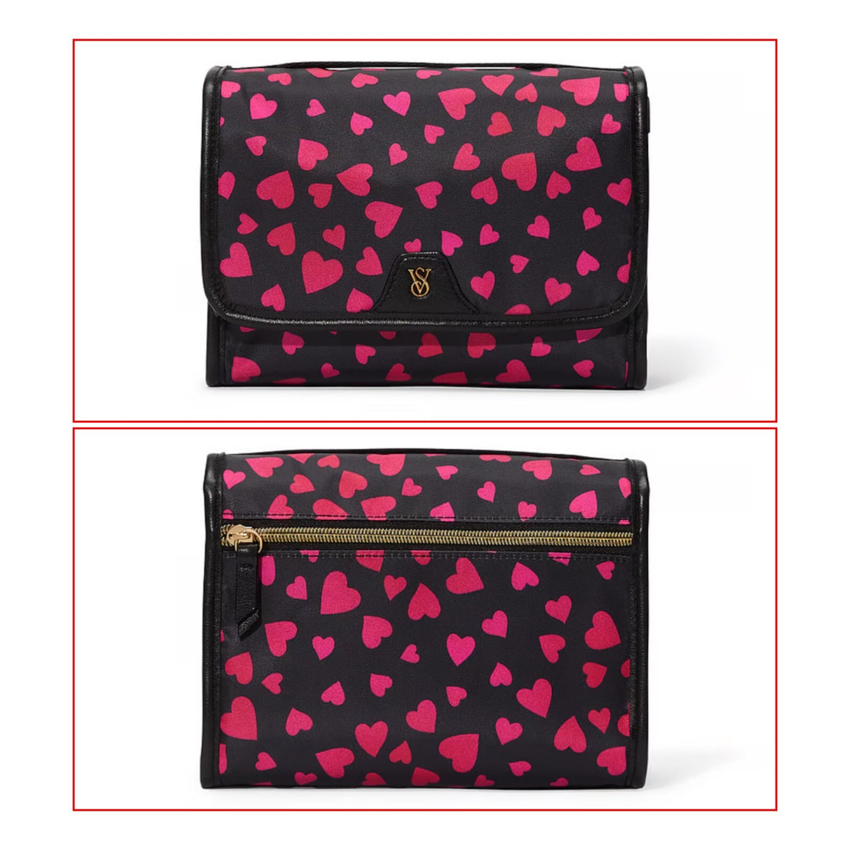 Travel Cosmetic Makeup Bag with Hearts - Packable Black Beauty Organizer