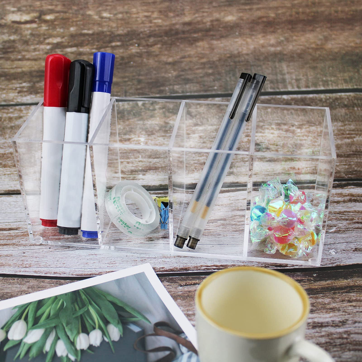4-Compartment Acrylic Pen & Makeup Brush Holder Desktop Organizer