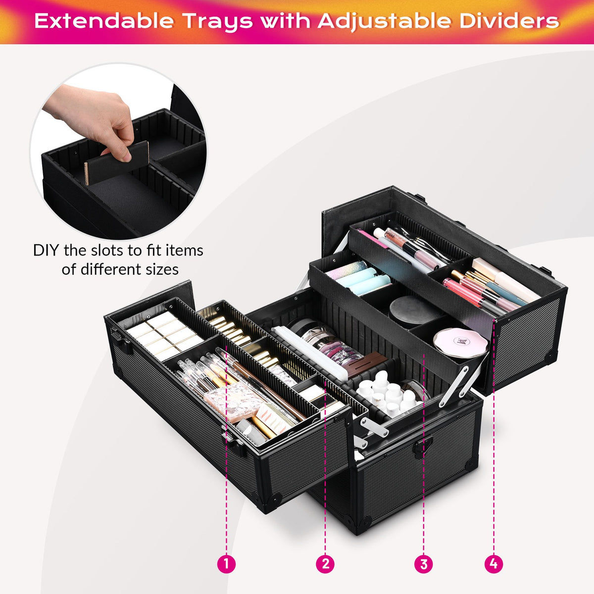 Large Aluminum Makeup Train Case with 4-Tier Trays and Lockable Storage