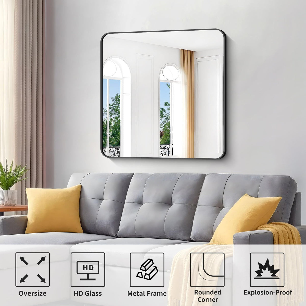 30x30 Inch Black Wall-Mounted Bathroom Mirror with Rounded Corners