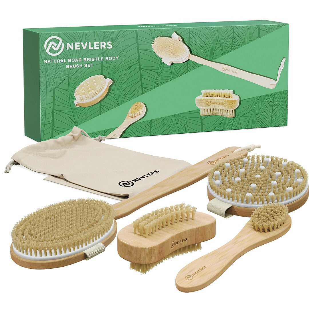 Nevlers Natural Boar Body Brush Set Cellulite Massage Dry Exfoliate